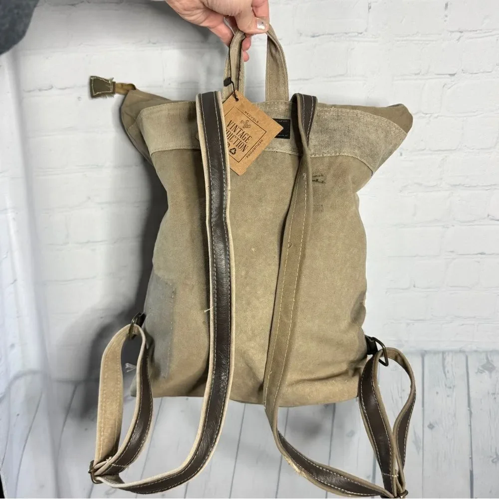 Vintage Addiction Recycled Military Canvas Leather Tote Backpack New Utility